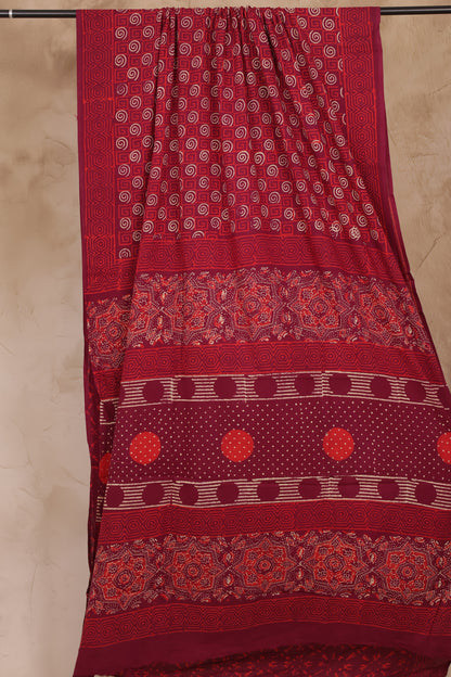 Maroon Bagru Handblock printed MulMul cotton saree | Looms & Tassels