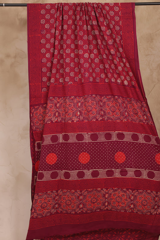 Maroon Bagru Handblock printed MulMul cotton saree | Looms & Tassels