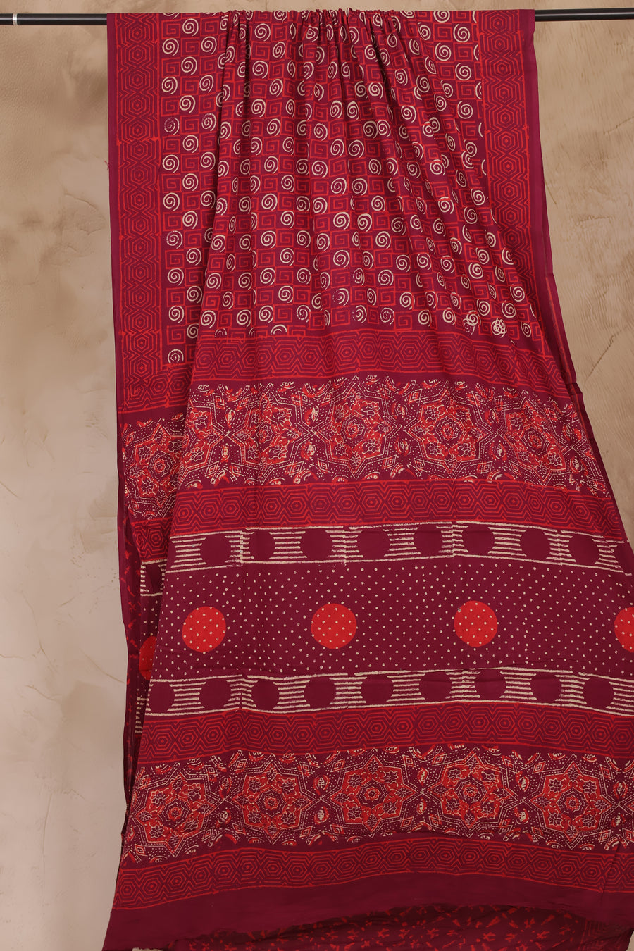 Maroon Bagru Handblock printed MulMul cotton saree | Looms & Tassels