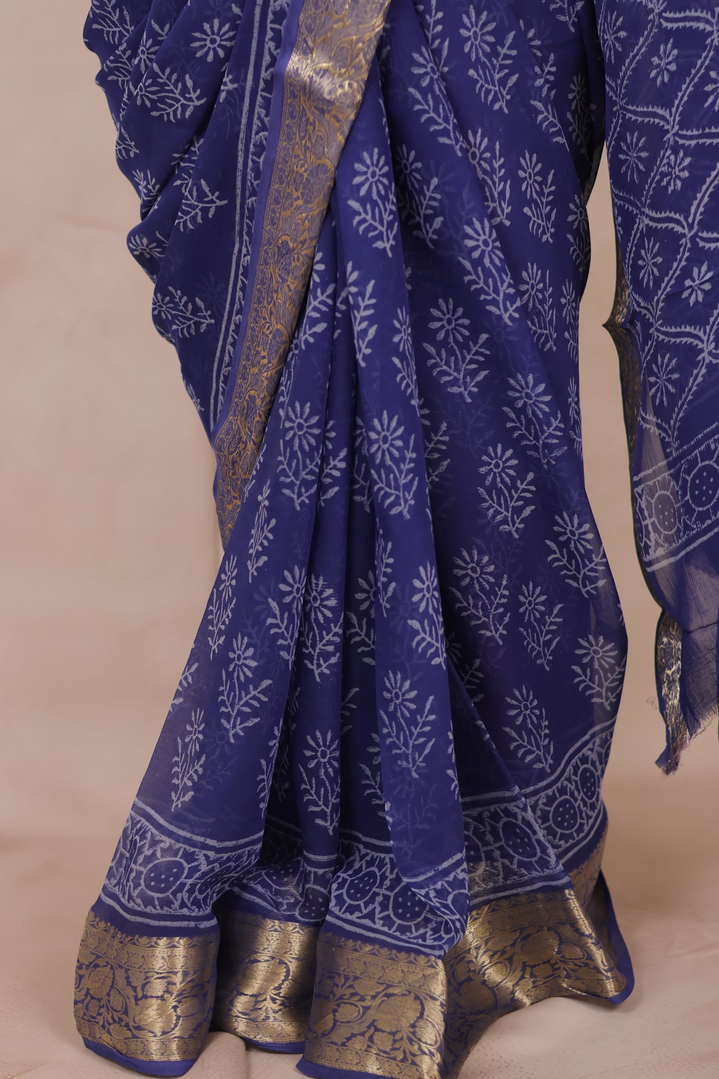 Blue Chiffon Hand Block Printed Saree with Jari Border | Looms & Tassels