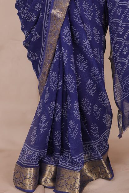 Blue Chiffon Hand Block Printed Saree with Jari Border | Looms & Tassels