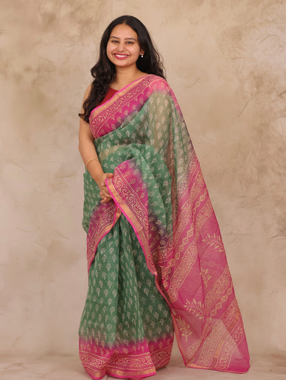 Green & Pink Pure Kota Doria Saree with Bagru Handblock Prints | Looms & Tassels