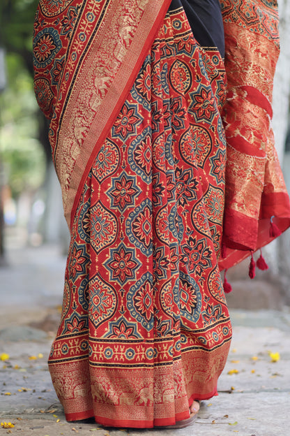 Black & Red Ajrakh Dola Silk Saree