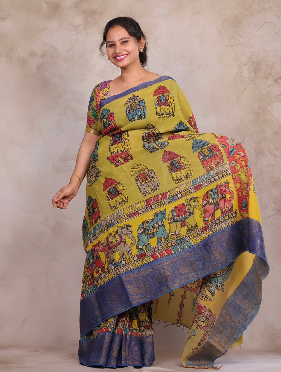 Hand Drawn Pen Kalamkari Parrot Green And Blue Bangalore Silk Kanchi Border Saree | Looms & Tassels