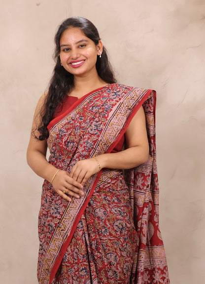Red Hand Block Printed Kalamkari Cotton Saree | Looms & Tassels
