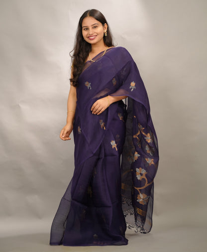 Blue Handloom Muslin Silk Saree With jamdhani weaving | Looms & Tassels