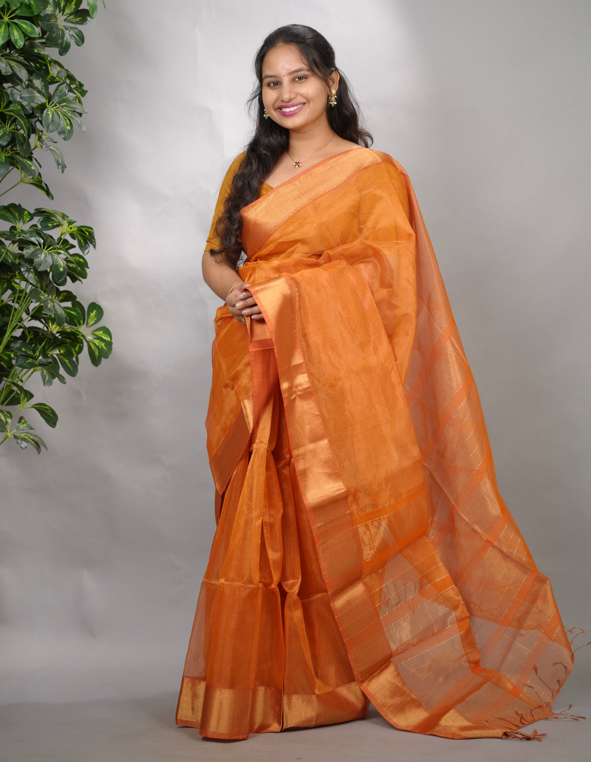 Orange Checks Handloom Maheswari Tissue Silk Cotton Sarees | Looms & Tassels
