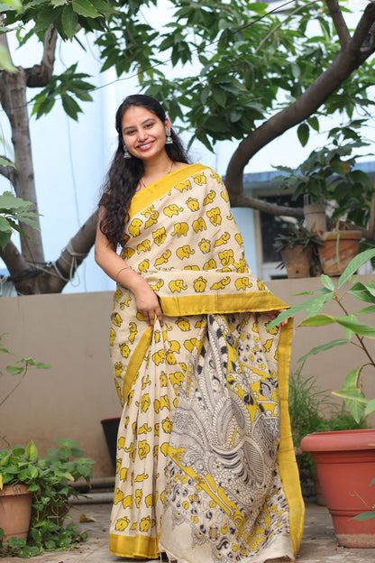 Cream & Yellow Elephant Kalamkari Silk Nizam Border Saree