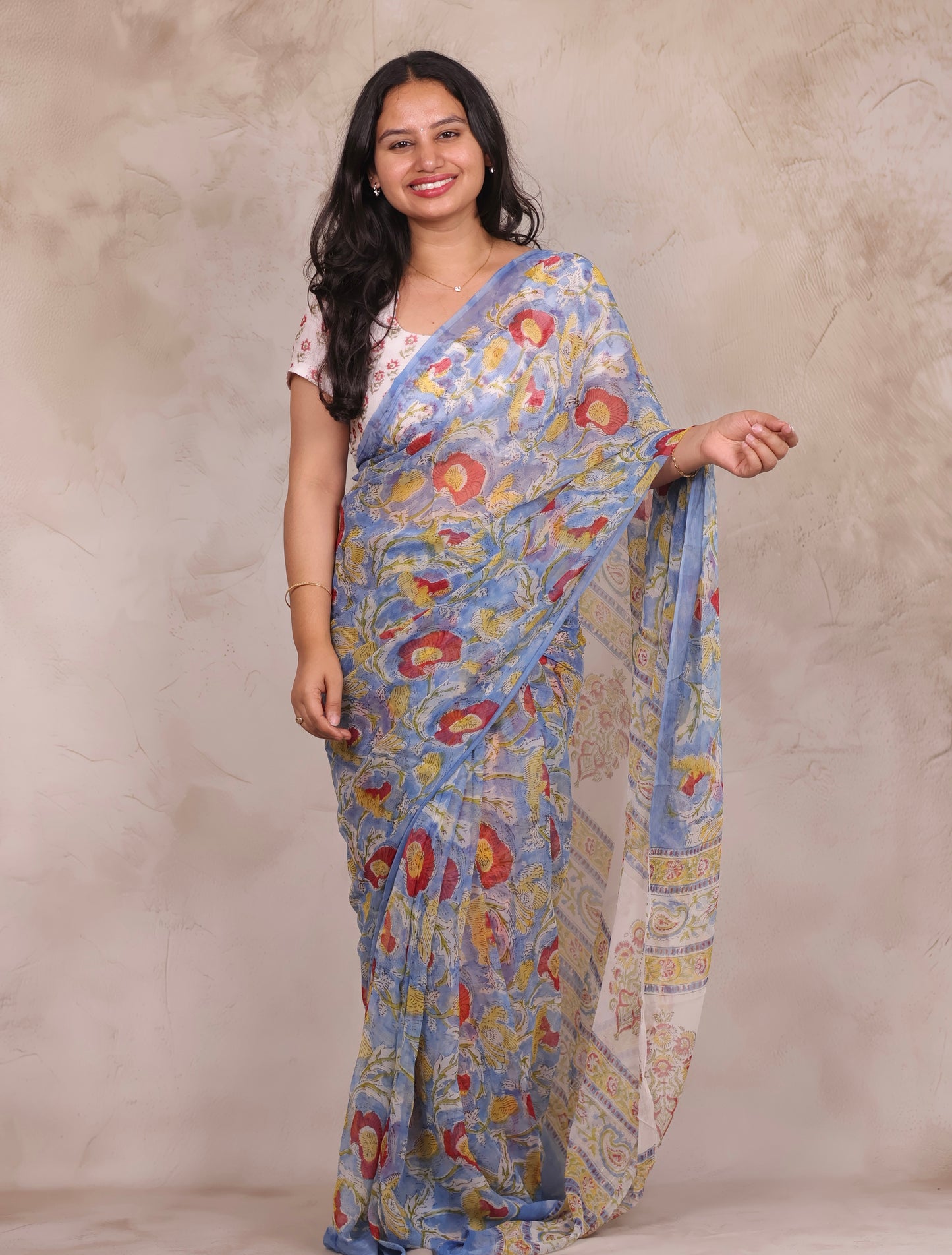 Ice Blue Chiffon Hand Block Printed Saree | Looms & Tassels