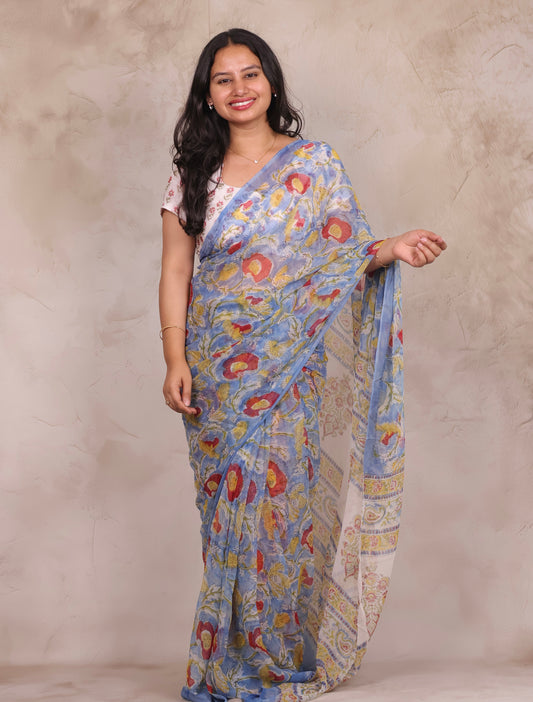 Ice Blue Chiffon Hand Block Printed Saree | Looms & Tassels