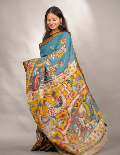 Blue Kalamkari Nizam Border Chennur Silk Saree | Looms & Tassels