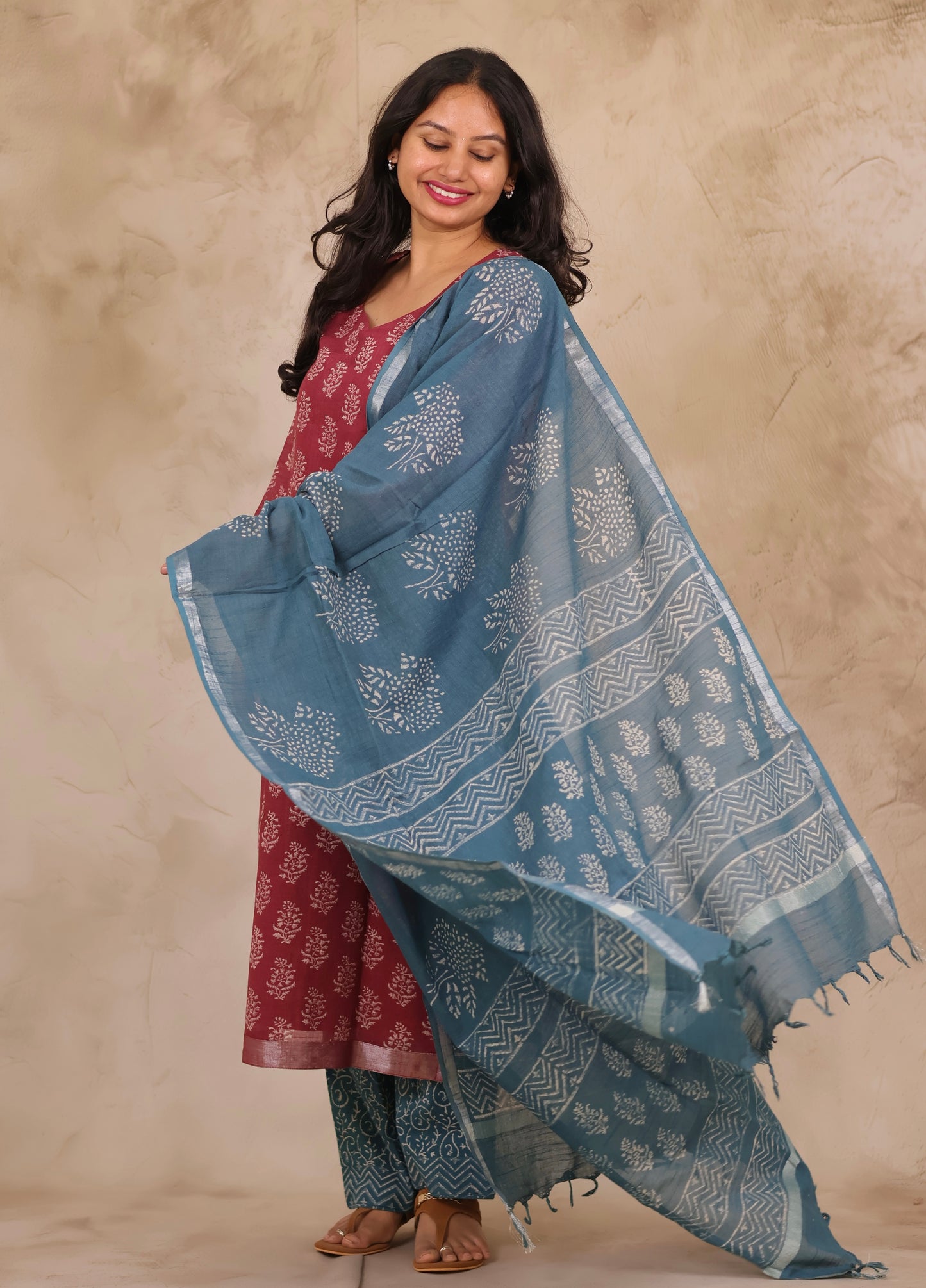 Dusty Rose Linen Cotton Handblock printed 3 piece suit (stitched)