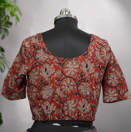Maroon Boat Neck Stretchable Hand block printed kalamkari blouse (Elbow sleeve) | Looms & Tassels