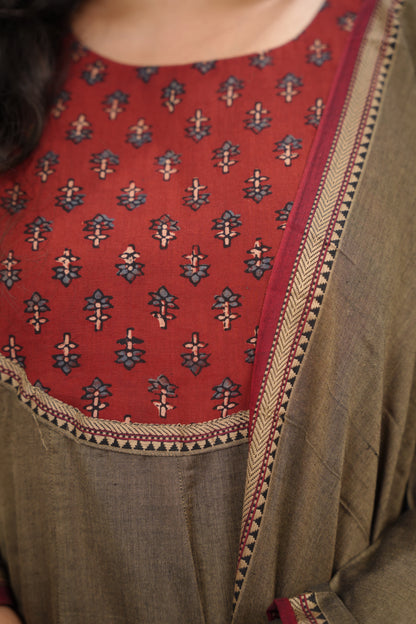 Grey Ajrakh Patch Work Narayanpet Cotton Anarkali Dress with Narayanpet Dupatta | Looms & Tassels