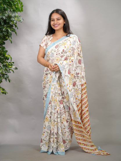 Off White Georgette Hand Block Printed Saree| Looms & Tassels