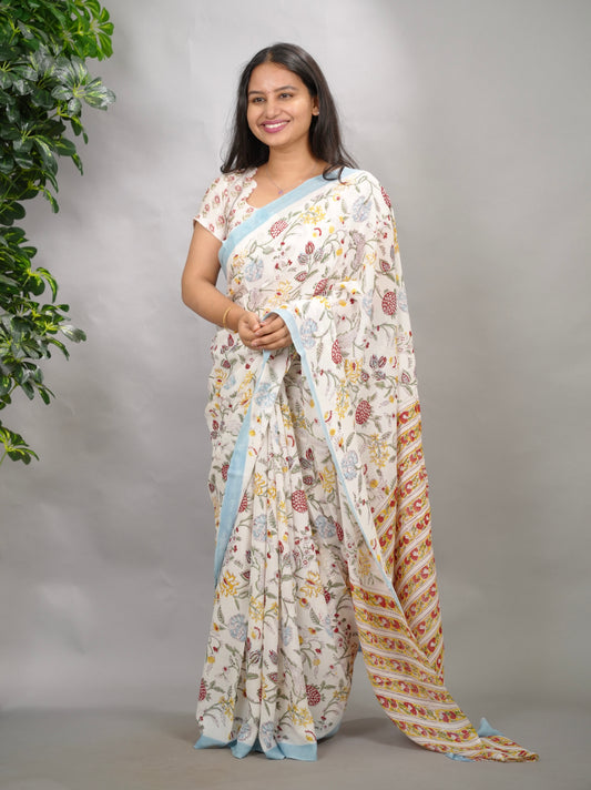 Off White Georgette Hand Block Printed Saree| Looms & Tassels