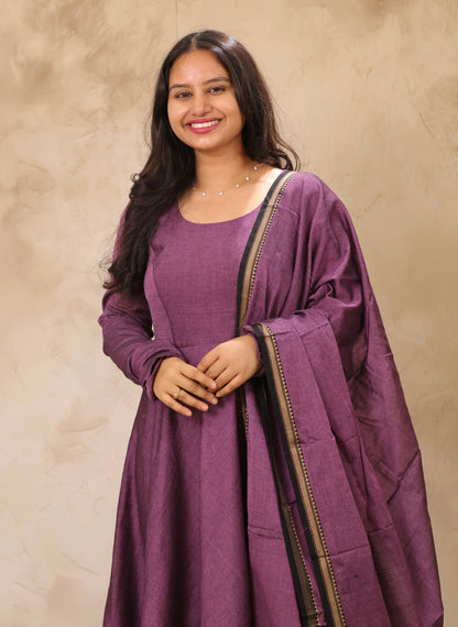 Lavender Narayanpet Cotton Anarkali Dress with Narayanpet Dupatta | Looms & Tassels