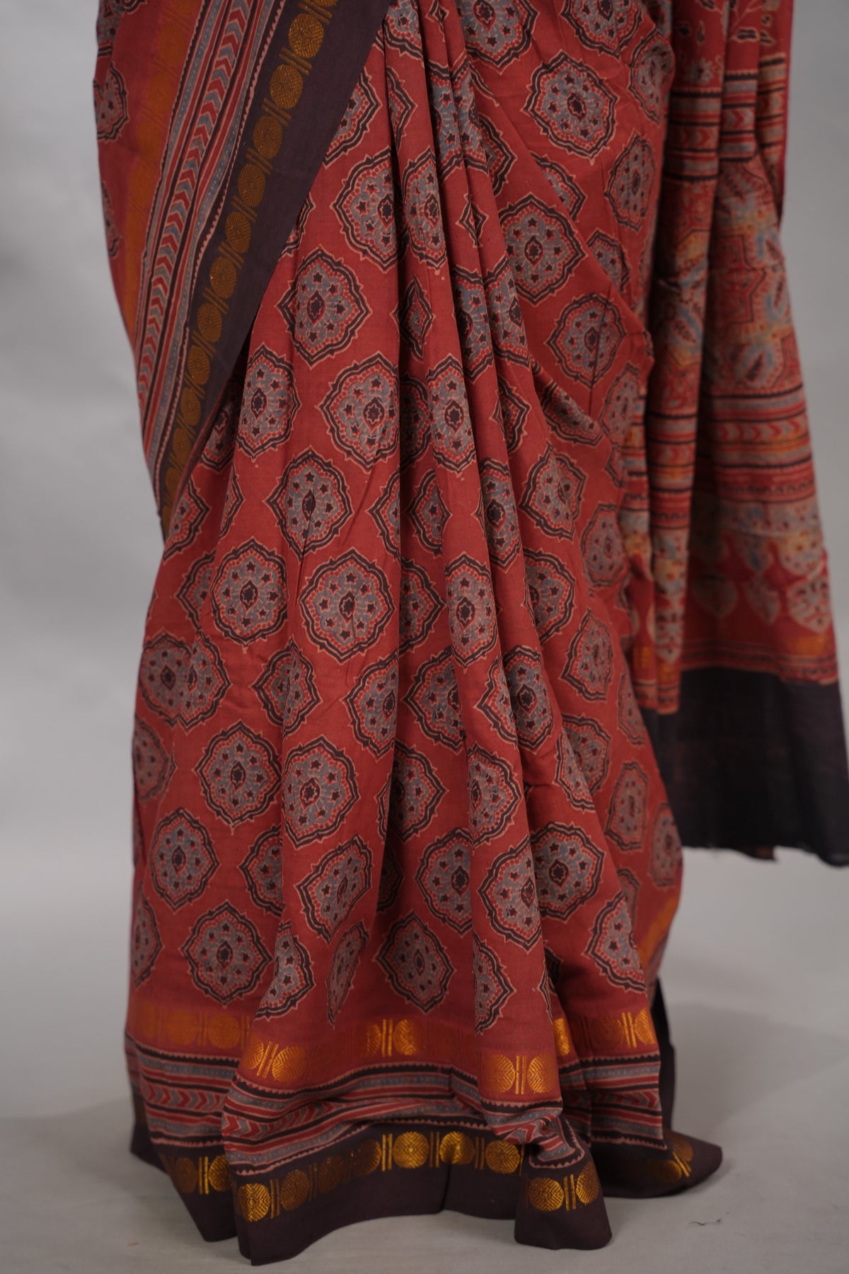 Maroon Ajrakh Hand Block Printed Sungudi Cotton Saree | Looms & Tassels