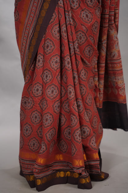 Maroon Ajrakh Hand Block Printed Sungudi Cotton Saree | Looms & Tassels