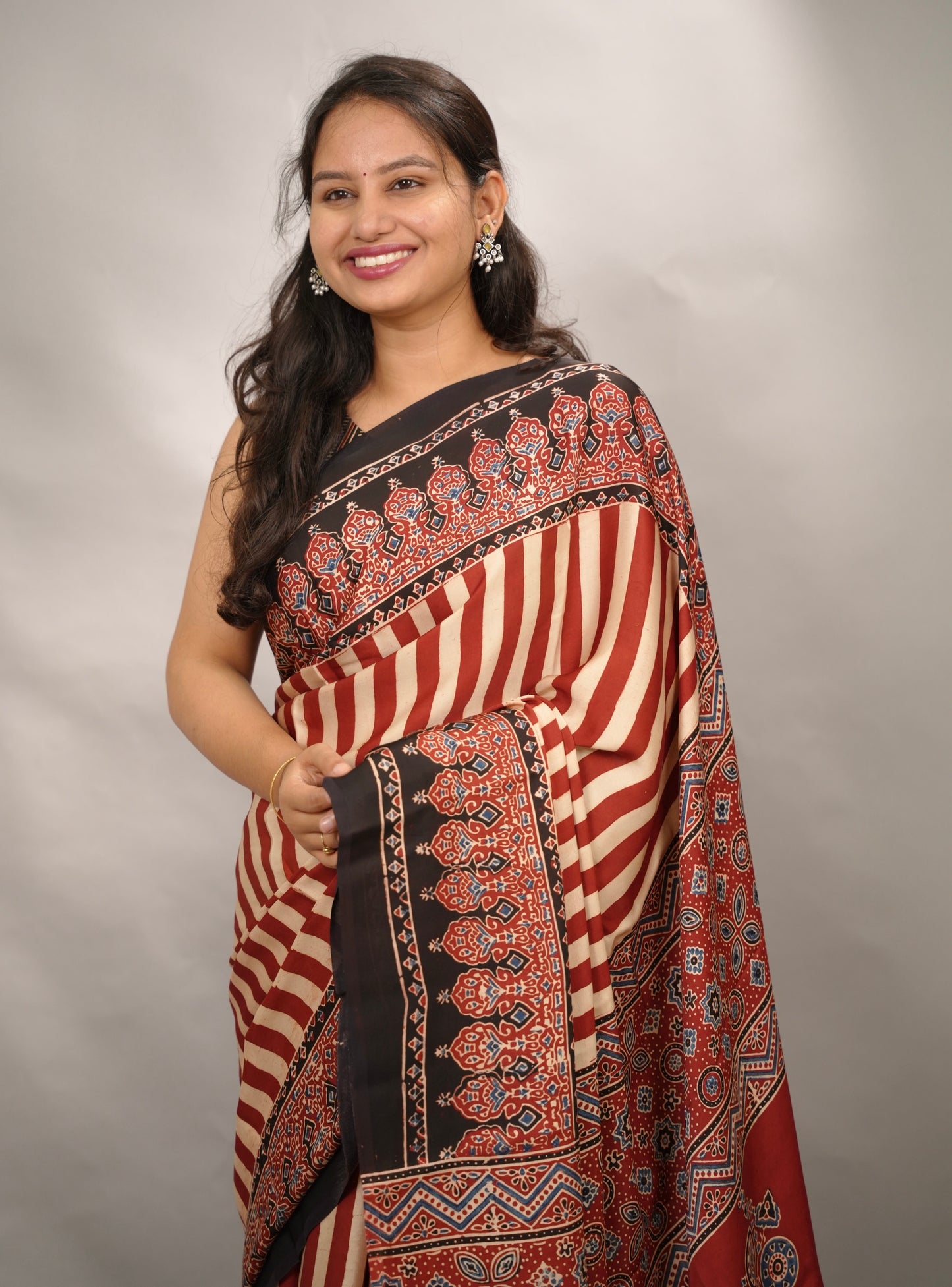 Authentic Red And Cream Stripes Ajrakh Handblock Printed Modal Silk Saree | Looms & Tassels