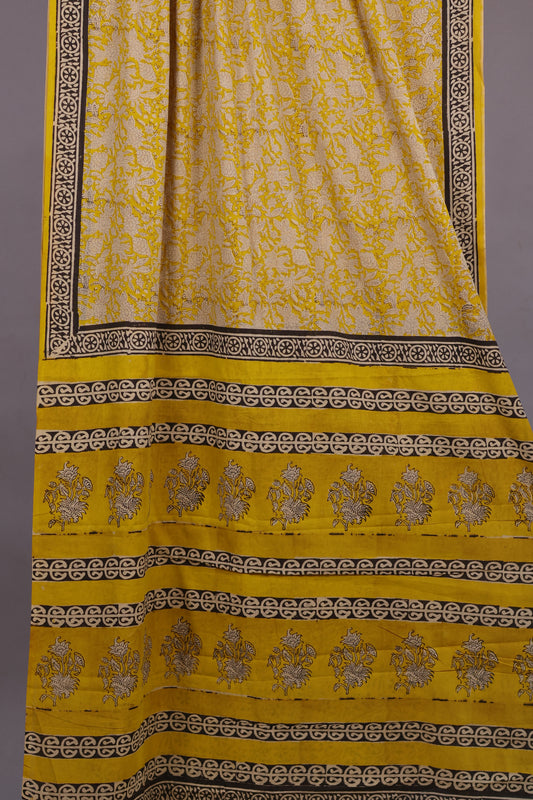 Yellow Bagru Handblock printed MulMul cotton saree