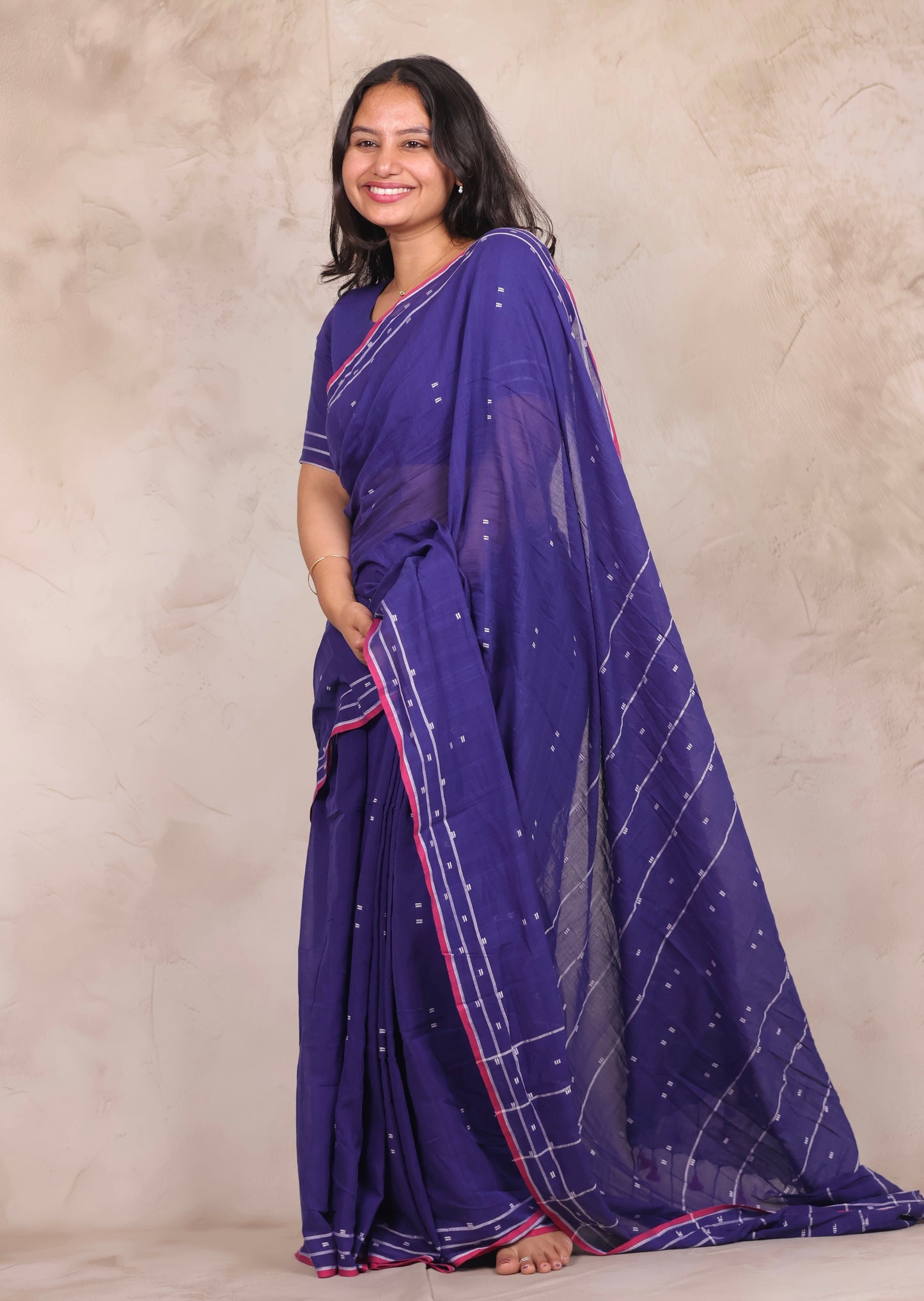 Blue Malai Cotton Saree with Butta Weaving | Looms & Tassels