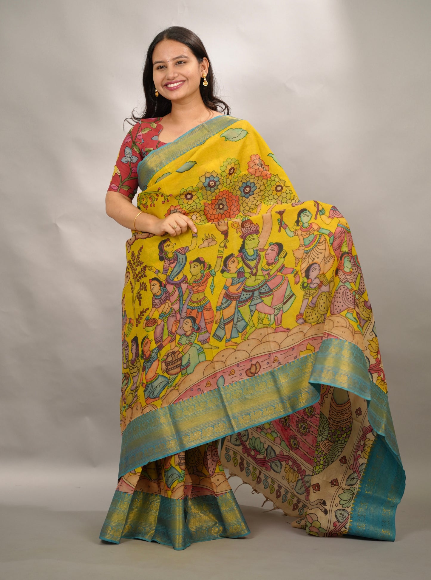 Yellow Hand Drawn Pen Kalamkari Bangalore Silk Kanchi Border Saree | Looms & Tassels