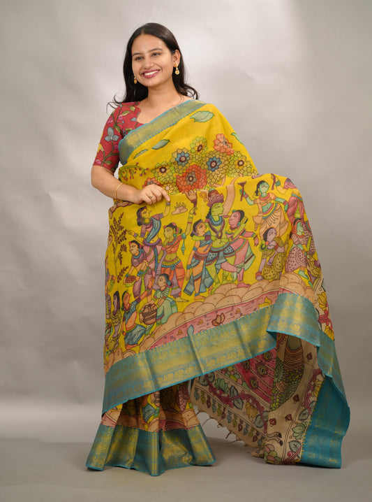 Yellow Hand Drawn Pen Kalamkari Bangalore Silk Kanchi Border Saree | Looms & Tassels