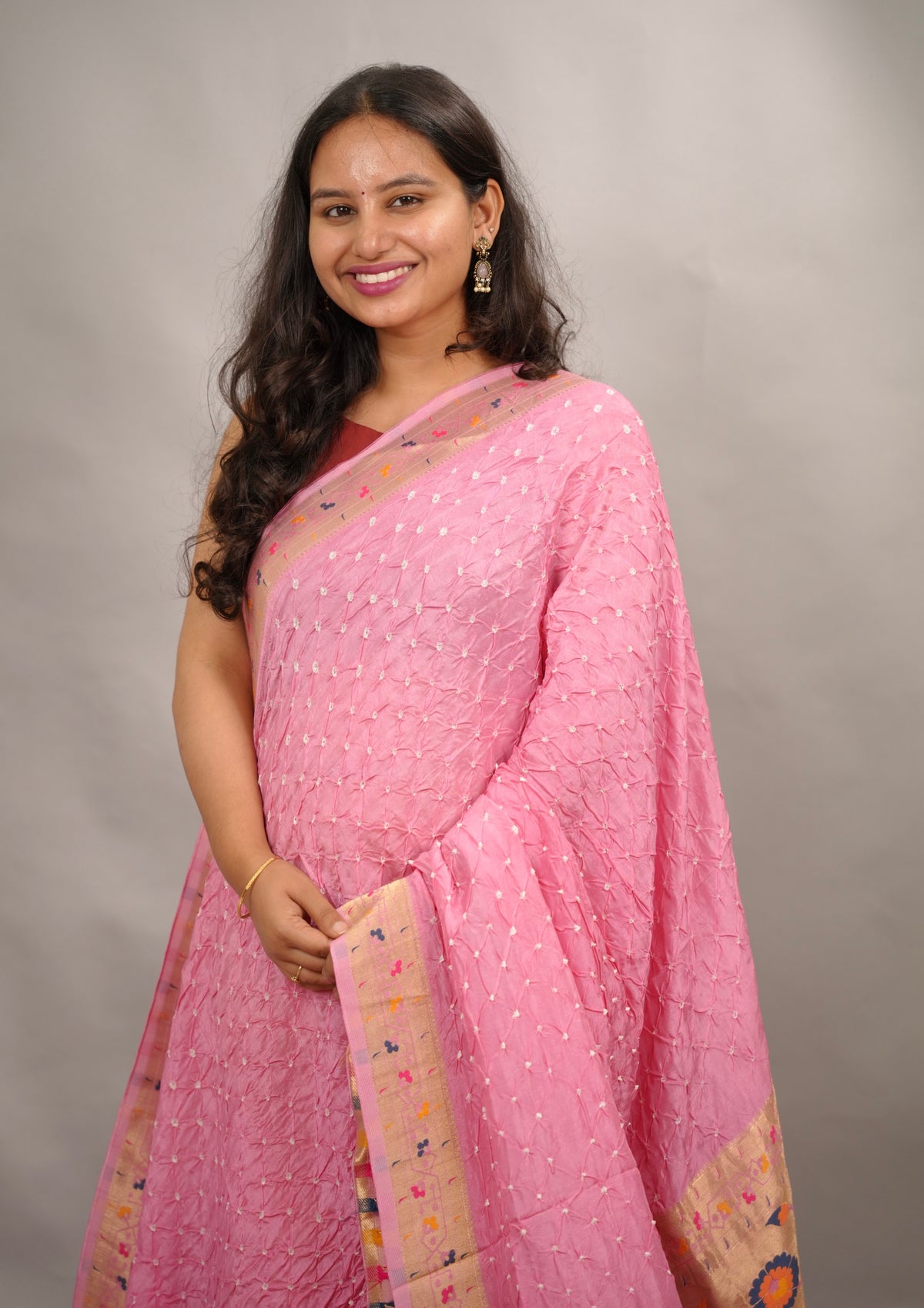Pink Handcrafted Bandhani Paithani Dola Silk Saree | Looms & Tassels