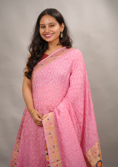 Pink Handcrafted Bandhani Paithani Dola Silk Saree | Looms & Tassels