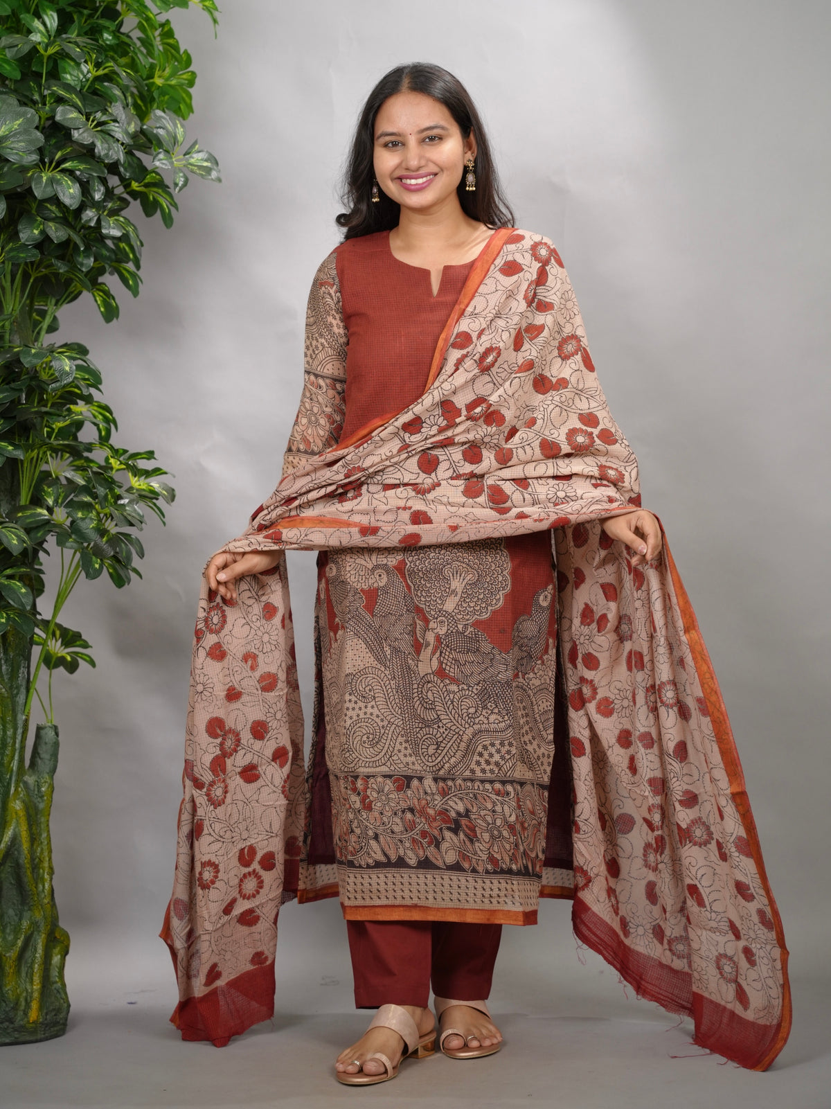 Maroon Kalamkari Kota Cotton 3 piece suit (stitched) | Looms & Tassels