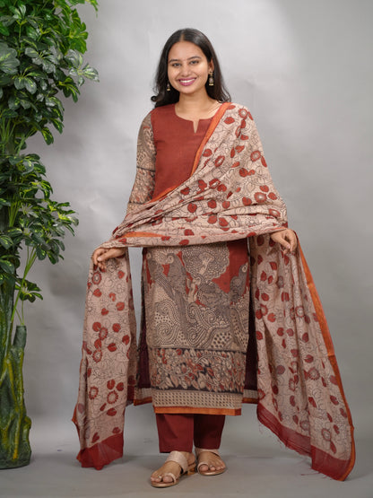 Maroon Kalamkari Kota Cotton 3 piece suit (stitched) | Looms & Tassels