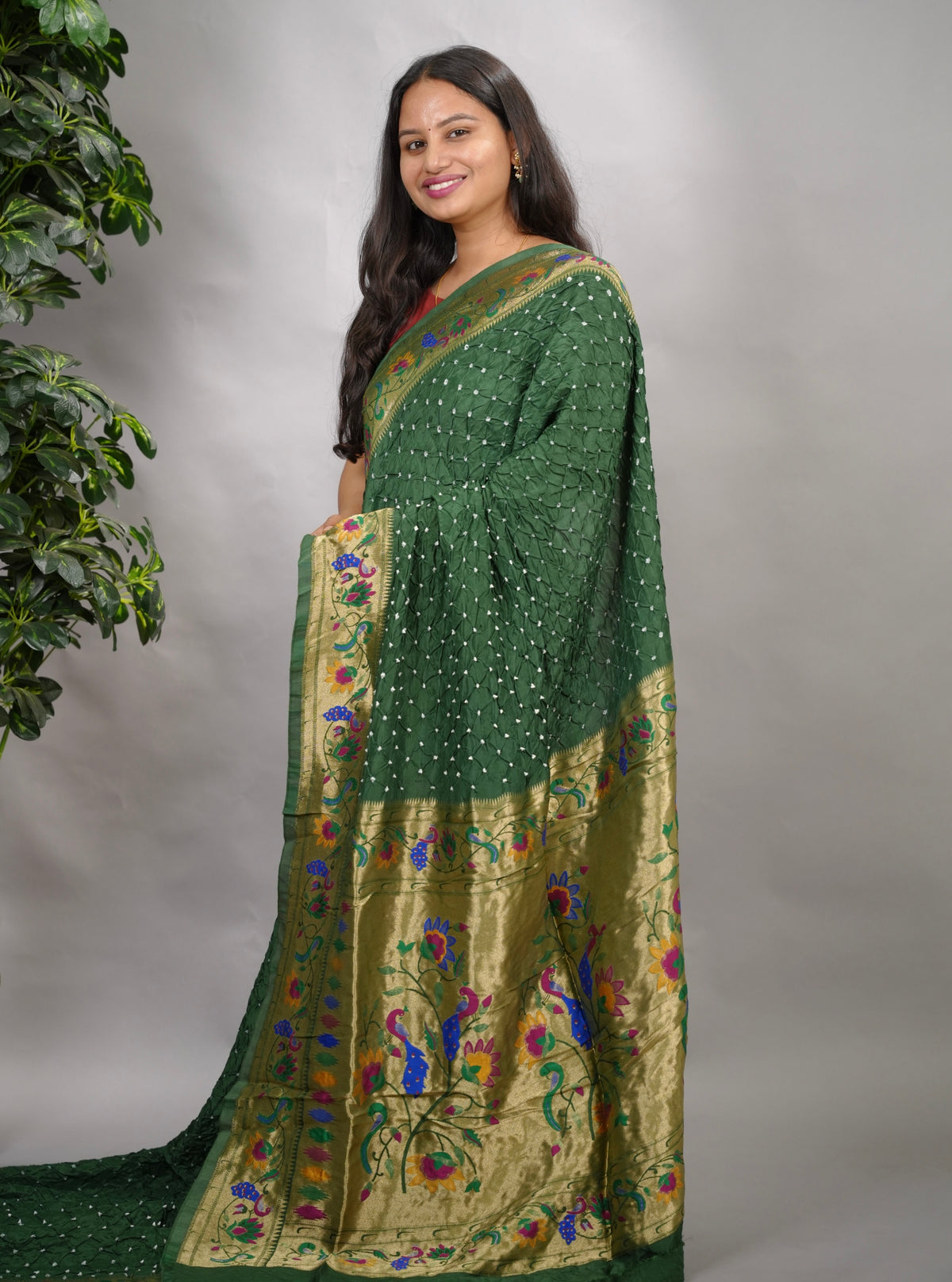Green Handcrafted Bandhani Paithani Dola Silk Saree | Looms & Tassels