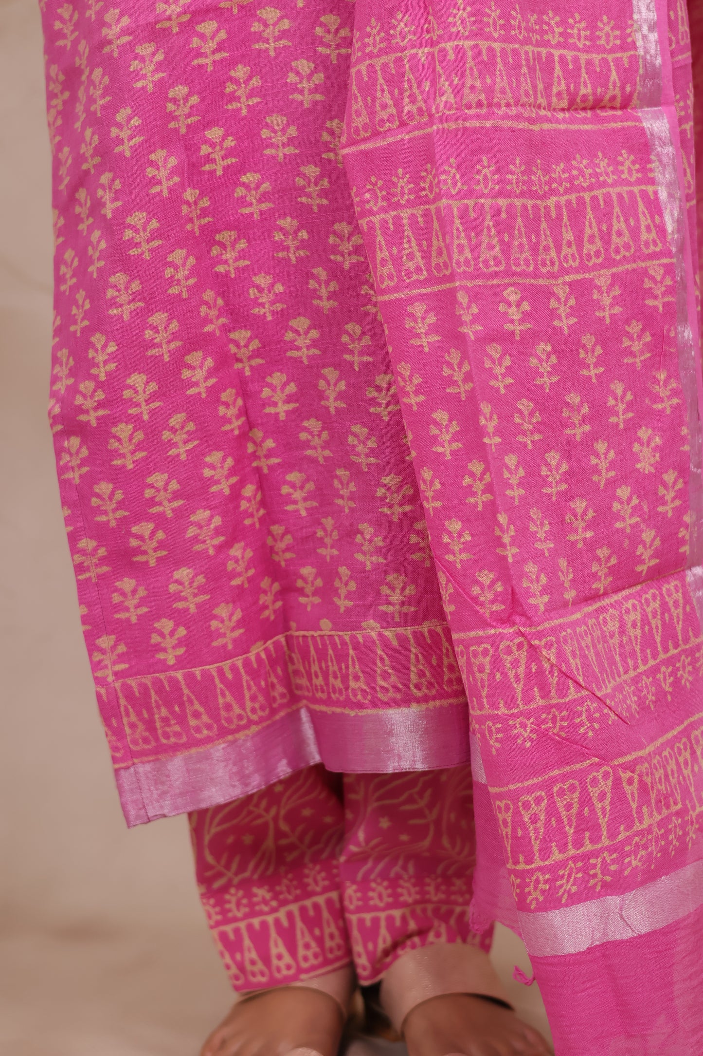 Pink Linen Cotton Handblock printed 3 piece suit (stitched)