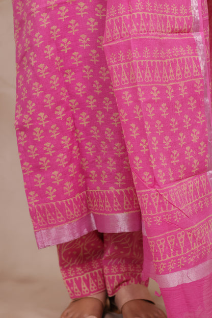 Pink Linen Cotton Handblock printed 3 piece suit (stitched)