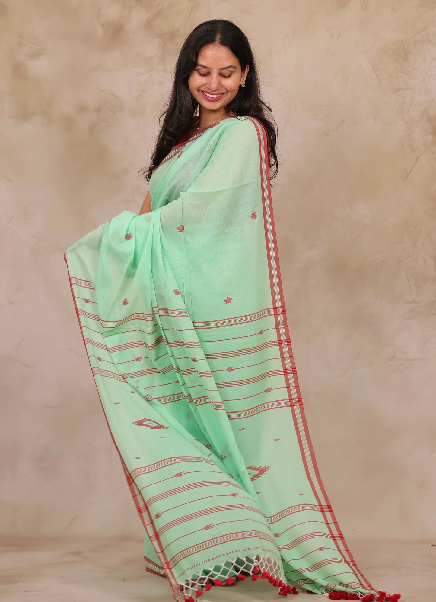 Pastel Handwoven Malai Cotton Saree| Looms & Tassels