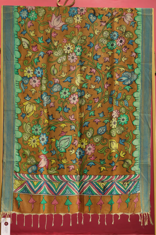Mustard Pen Kalamkari chennur silk duppata