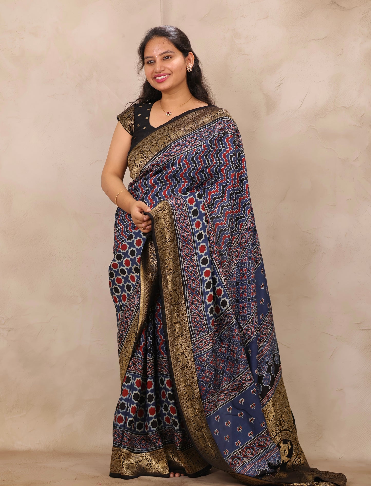 Indigo Ajrakh Handblock printed Dola Silk Saree | Looms & Tassels