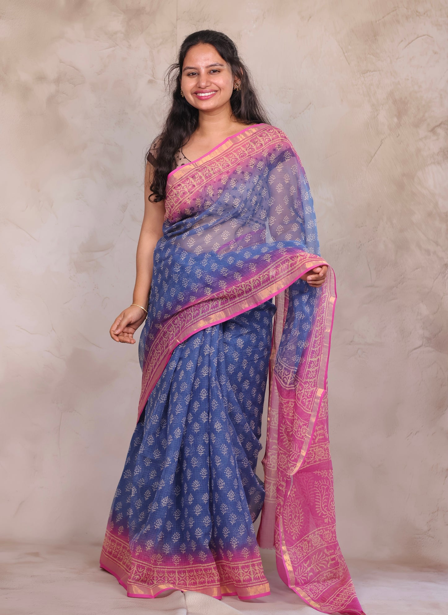 Blue And Rani pink Dual Shade Pure Kota Doria Saree with Bagru Handblock Prints | Looms & Tassels