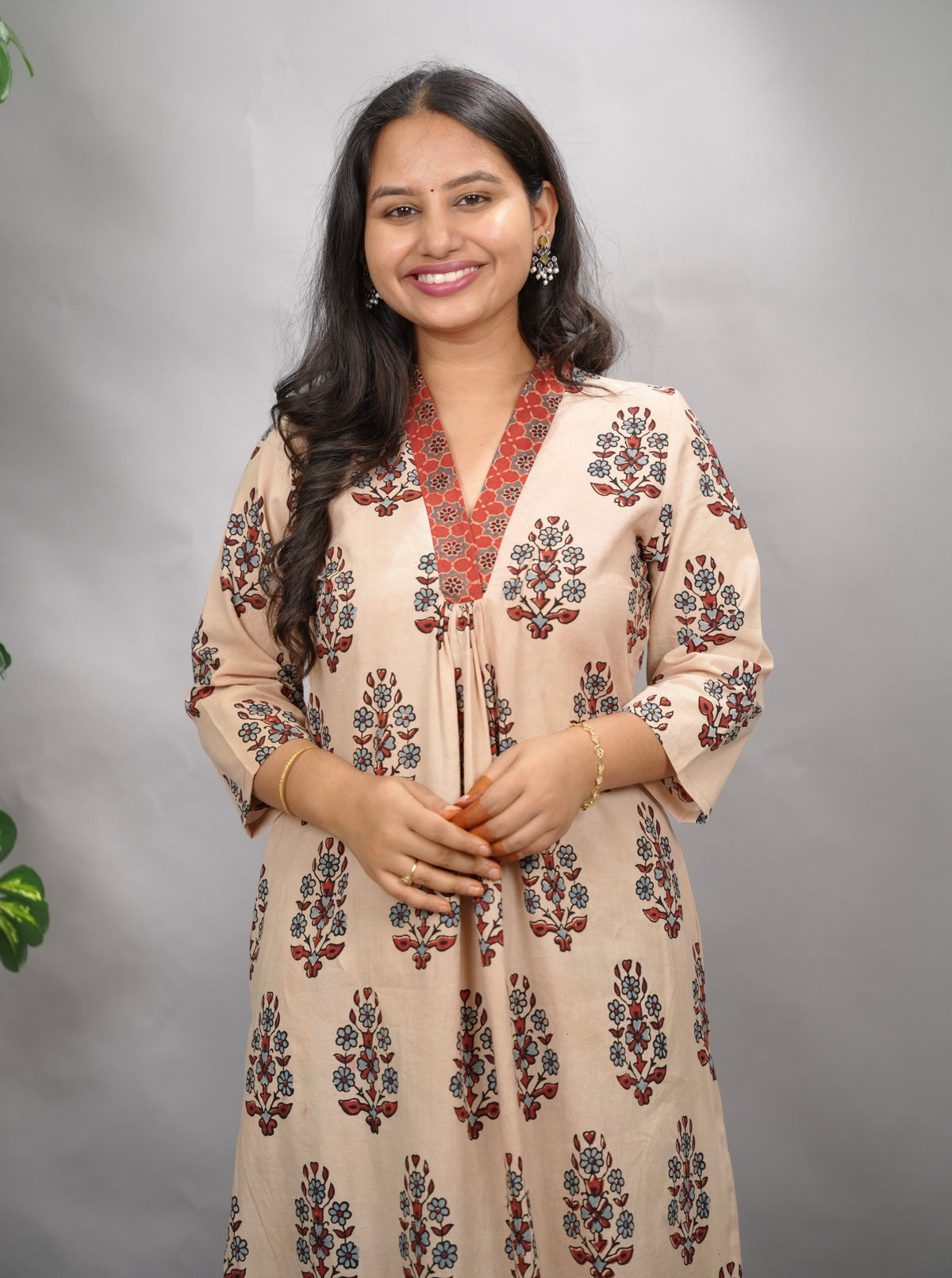 Cream Ajrakh Cotton Patchwork Aline Kurta | Looms & Tassels
