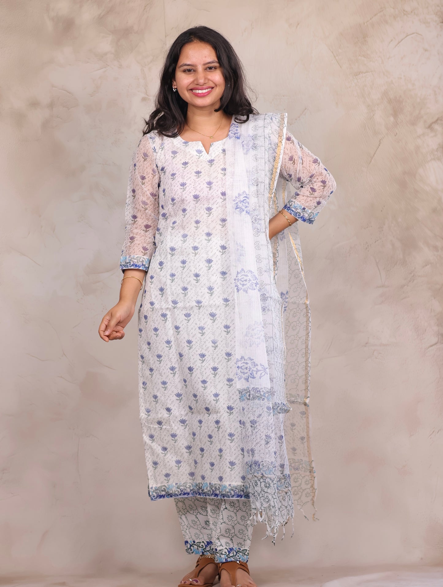 White Sangneri Handblock printed kota 3 piece suit (stitched)