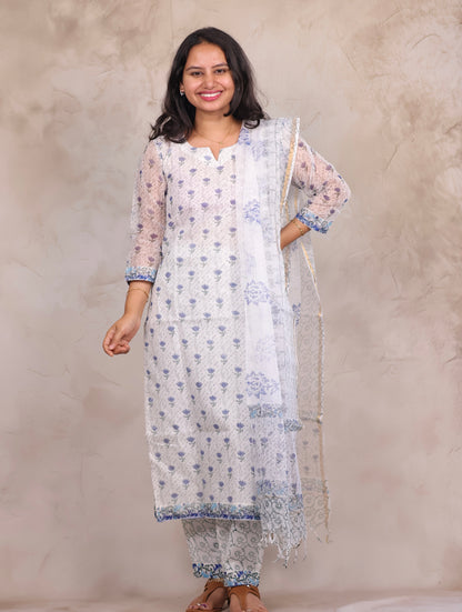 White Sangneri Handblock printed kota 3 piece suit (stitched)