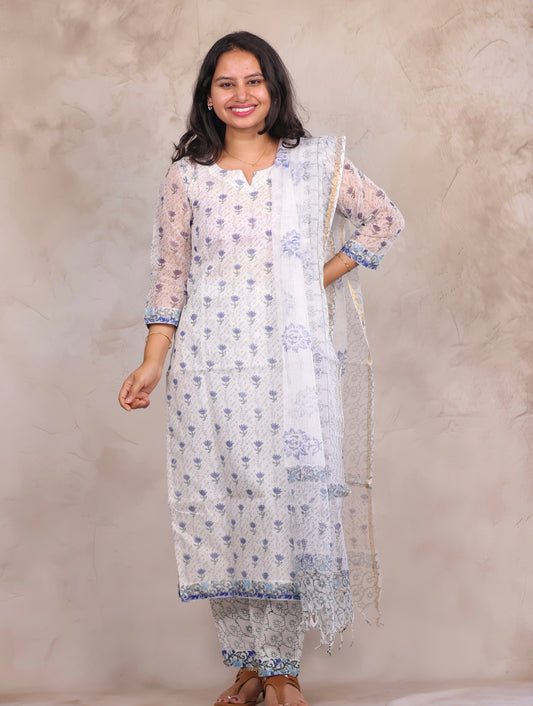White Sangneri Handblock printed kota 3 piece suit (stitched)