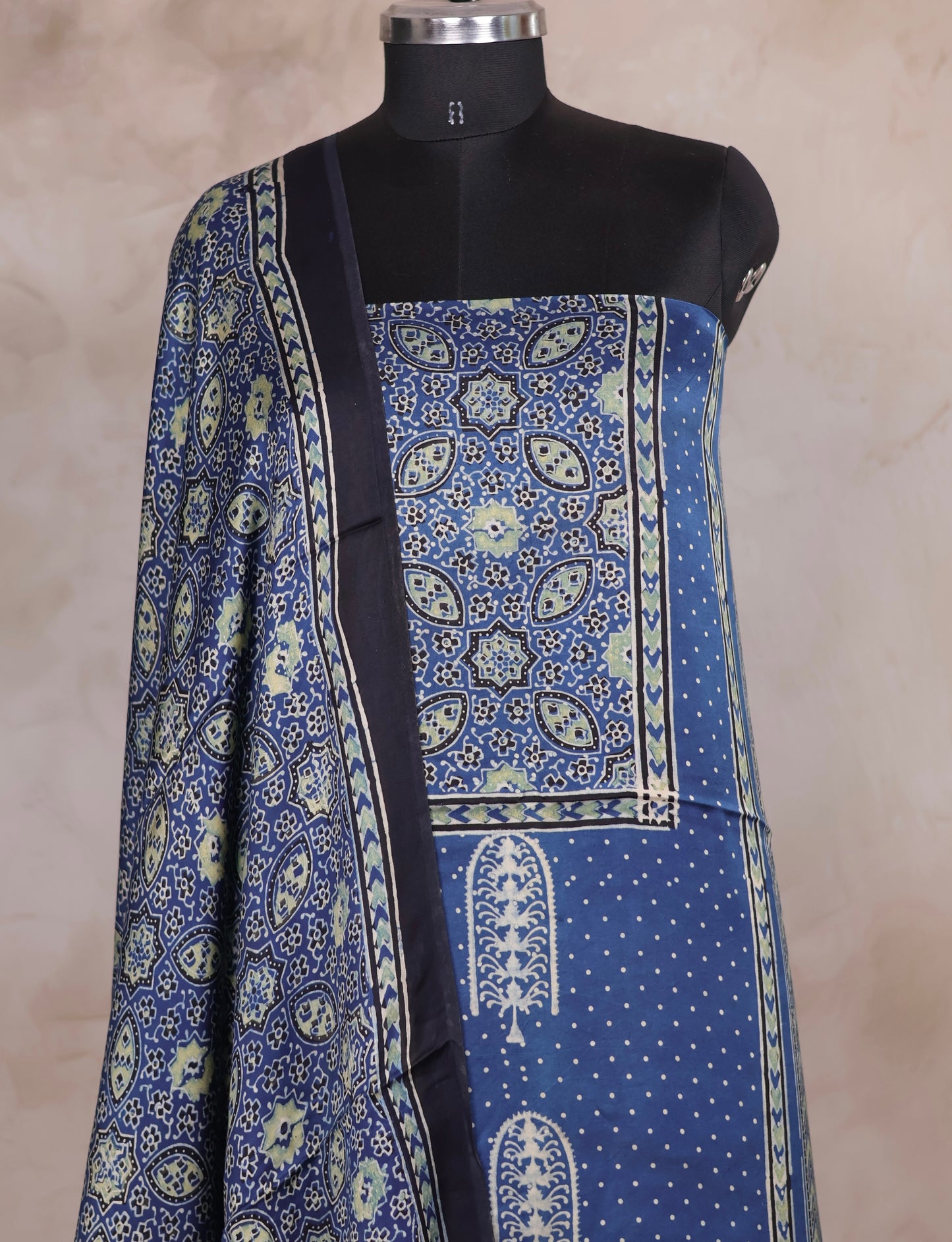 Indigo Ajrakh Handblock Printed Modal Silk 2 Piece Suit Set | Looms & Tassels