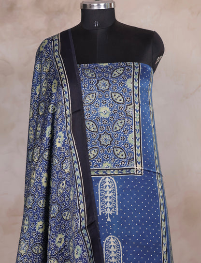 Indigo Ajrakh Handblock Printed Modal Silk 2 Piece Suit Set | Looms & Tassels