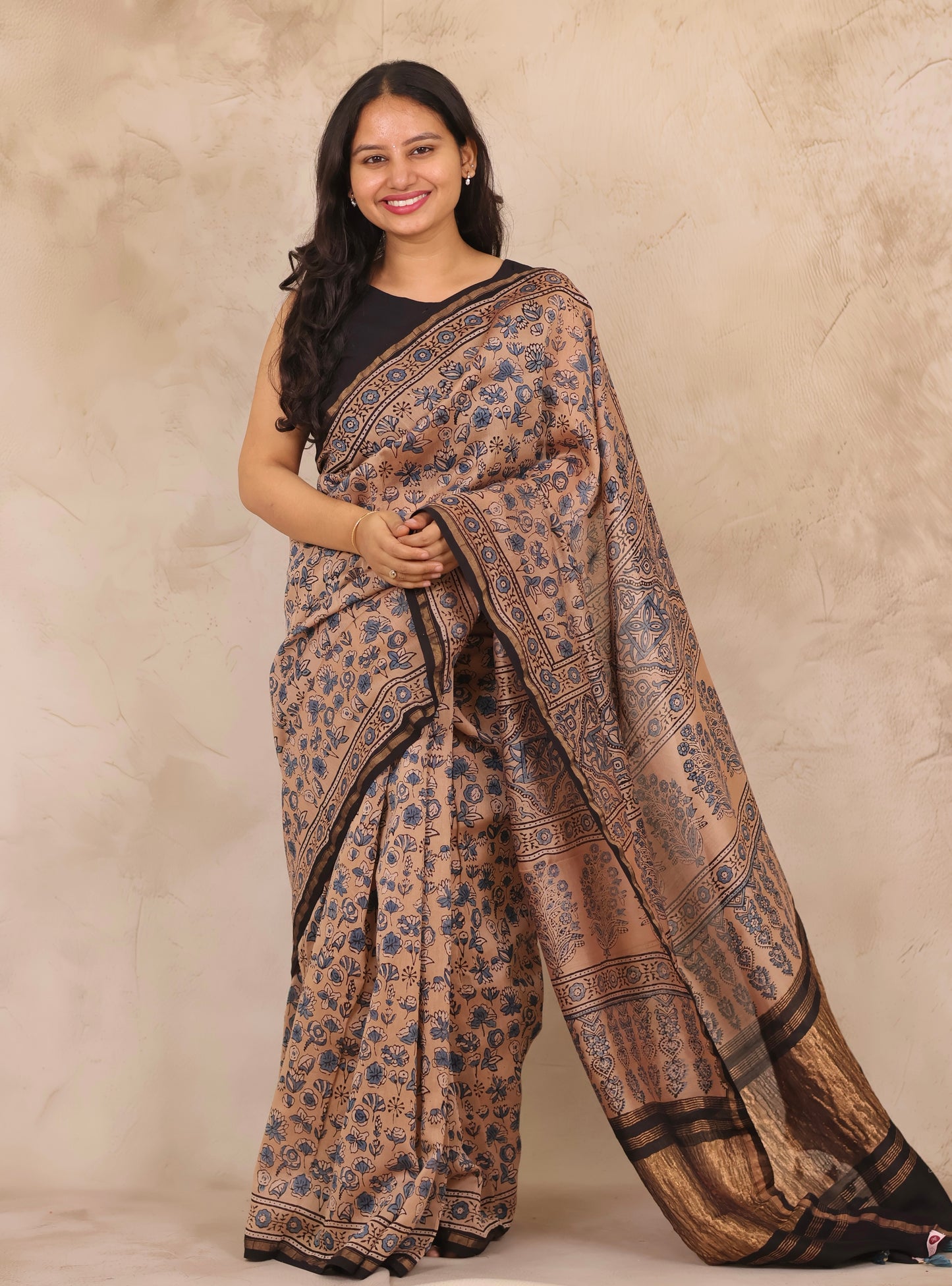 Maheswari Silk Cotton Ajrakh Handblock Printed Saree | Looms & Tassels