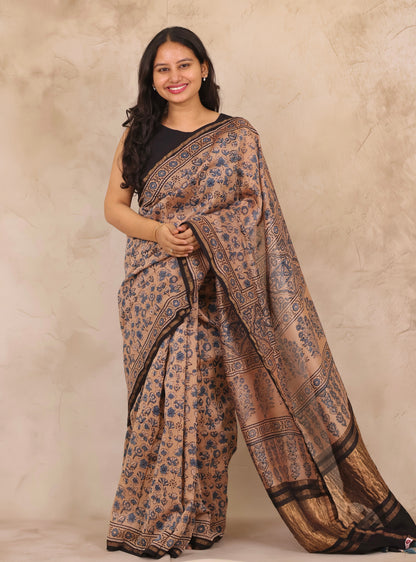Maheswari Silk Cotton Ajrakh Handblock Printed Saree | Looms & Tassels