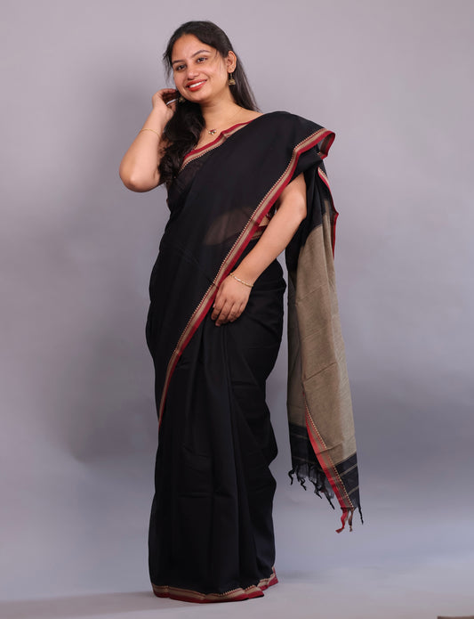 Black Narayanpet Cotton Saree | Looms & Tassels