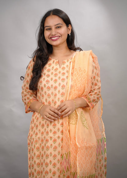 Handblock printed kota 3 piece suit (stitched)| Looms & Tassels