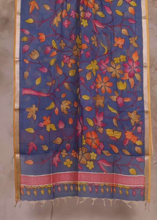 Blue Pen Kalamkari Mangalagiri silk Dupatta